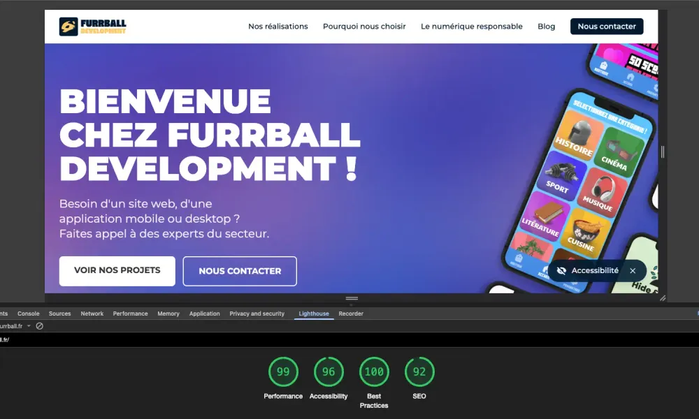 Capture d'écran du rapport Lighthouse montrant les scores de performance (99/100), d'accessibilité (96/100), de bonnes pratiques (100/100) et de SEO (92/100) pour le site furrball.fr