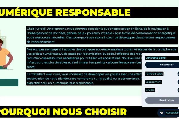 Capture d'écran du site avec le module d'accessibilité activé, montrant le contraste élevé et le texte agrandi